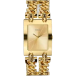Guess Mod Heavy Metal I90176L1 ladies watch, with a gold dial, gold-tone square case, and unique gold-tone stainless steel bracelet.