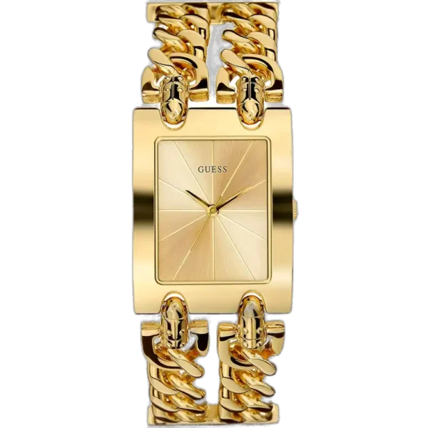 Guess Mod Heavy Metal I90176L1 ladies watch, with a gold dial, gold-tone square case, and unique gold-tone stainless steel bracelet.