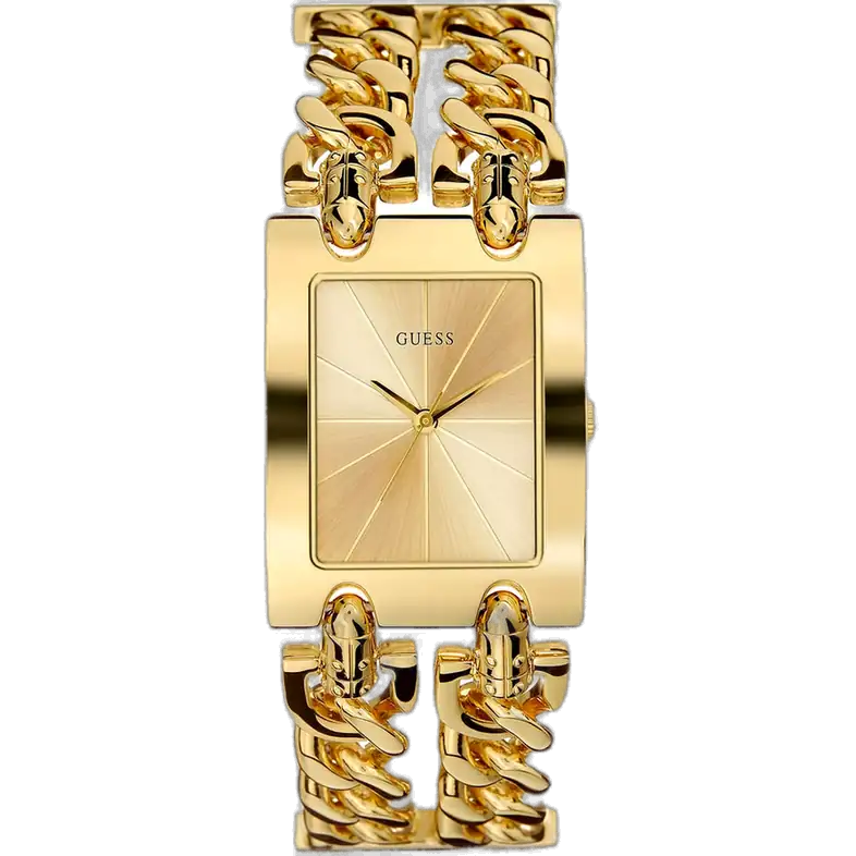 Guess Mod Heavy Metal I90176L1 ladies watch, with a gold dial, gold-tone square case, and unique gold-tone stainless steel bracelet.