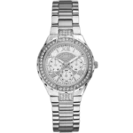 Guess Viva W0111L1 women's silver-tone watch, with a multi-function silver dial, crystal-set bezel, and stainless steel bracelet.