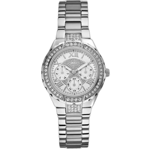 Guess Viva W0111L1 women's silver-tone watch, with a multi-function silver dial, crystal-set bezel, and stainless steel bracelet.