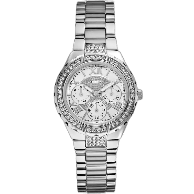 Guess Viva W0111L1 women's silver-tone watch, with a multi-function silver dial, crystal-set bezel, and stainless steel bracelet.