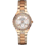 Guess Viva W0111L3 women's rose gold-tone watch, with a white multi-function dial, crystal-set bezel, and stainless steel bracelet.