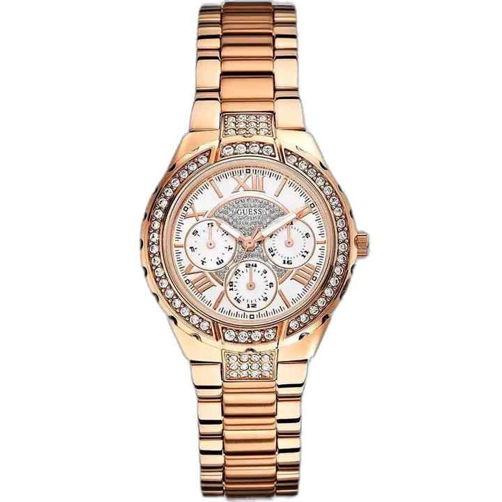Guess Viva W0111L3 women's rose gold-tone watch, with a white multi-function dial, crystal-set bezel, and stainless steel bracelet.