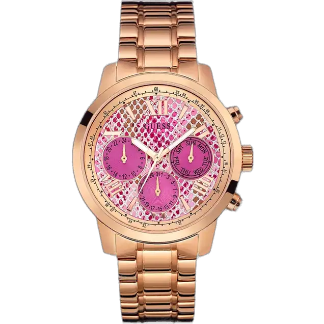 Guess Sunrise W0330L14 women's rose gold-tone watch, with a pink multi-function dial and a large 42mm case.