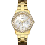 Guess Dazzler W0335L2 women's watch, gold-tone case with crystal bezel, silver multi-function dial, and gold-tone stainless steel bracelet.
