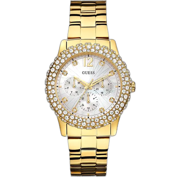 Guess Dazzler W0335L2 women's watch, gold-tone case with crystal bezel, silver multi-function dial, and gold-tone stainless steel bracelet.
