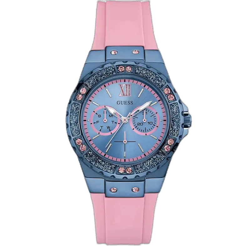 Guess Limelight W0775L5 women's watch, blue ion-plated case, blue dial with date function, and bright pink silicone strap.