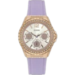 Guess Starlight W0846L6 women's watch, purple silicone strap, white multi-function dial with crystal accents, gold-tone case.