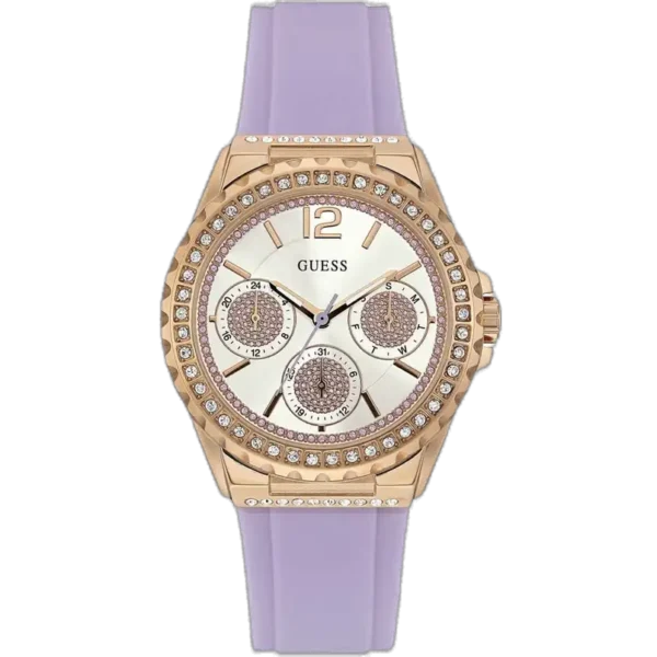 Guess Starlight W0846L6 women's watch, purple silicone strap, white multi-function dial with crystal accents, gold-tone case.