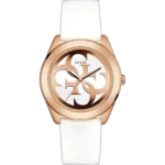 Guess G-Twist W0911L5 ladies watch, white silicone strap, rose gold-tone case, and white minimalist dial.