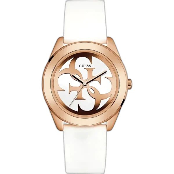 Guess G-Twist W0911L5 ladies watch, white silicone strap, rose gold-tone case, and white minimalist dial.