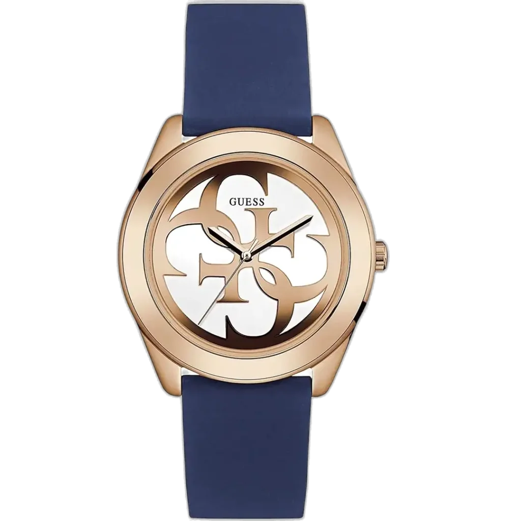 Guess G-Twist W0911L6 ladies watch, vibrant blue silicone strap, rose gold-tone case, and white dial.