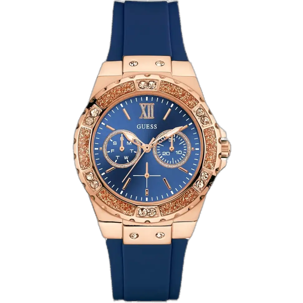 Guess W1053L1 Limelight women's watch blue dial blue silicone strap rose gold crystal-set bezel Egypt authentic
