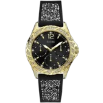 Guess Swirl W1096L3 ladies watch, black silicone strap, gold-tone crystal case, black multi-function dial 40mm.