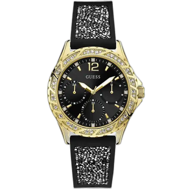 Guess Swirl W1096L3 ladies watch, black silicone strap, gold-tone crystal case, black multi-function dial 40mm.