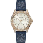 Guess Swirl W1096L4 ladies watch, vibrant blue silicone strap, silver crystal case, white multi-function dial 40mm.