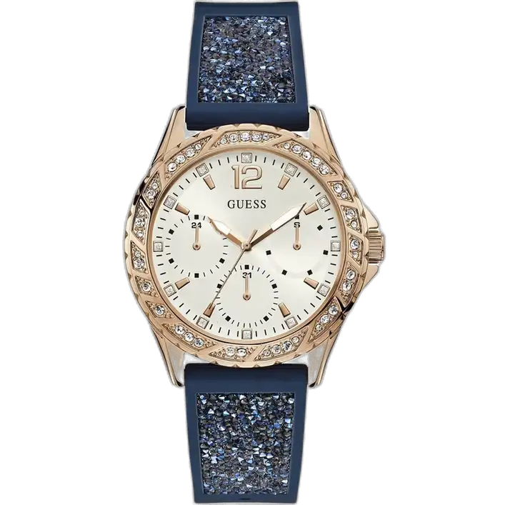 Guess Swirl W1096L4 ladies watch, vibrant blue silicone strap, silver crystal case, white multi-function dial 40mm.
