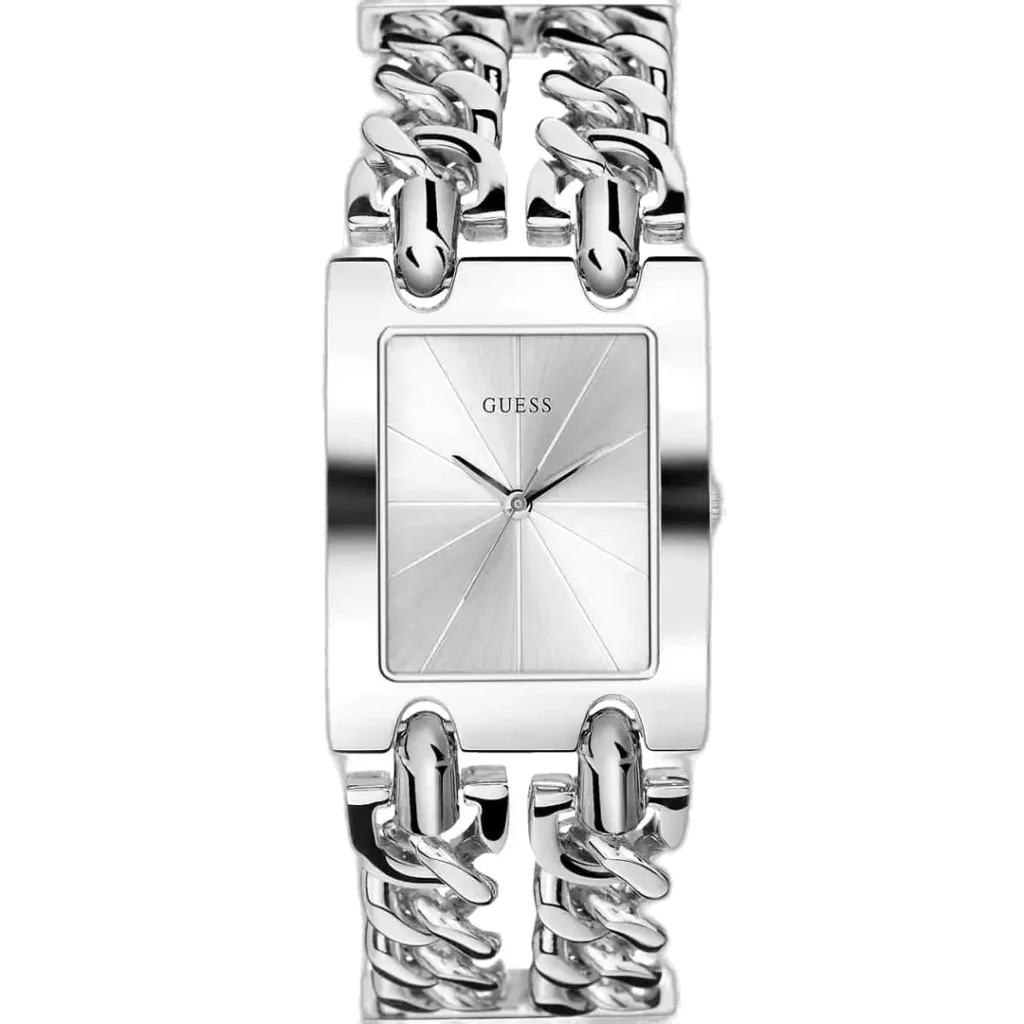 Guess W1117L1 ladies watch, silver G-Link metal bracelet, rectangular silver case, silver dial 36mm.
