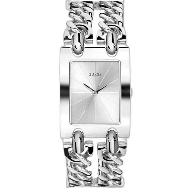 Guess W1117L1 ladies watch, silver G-Link metal bracelet, rectangular silver case, silver dial 36mm.