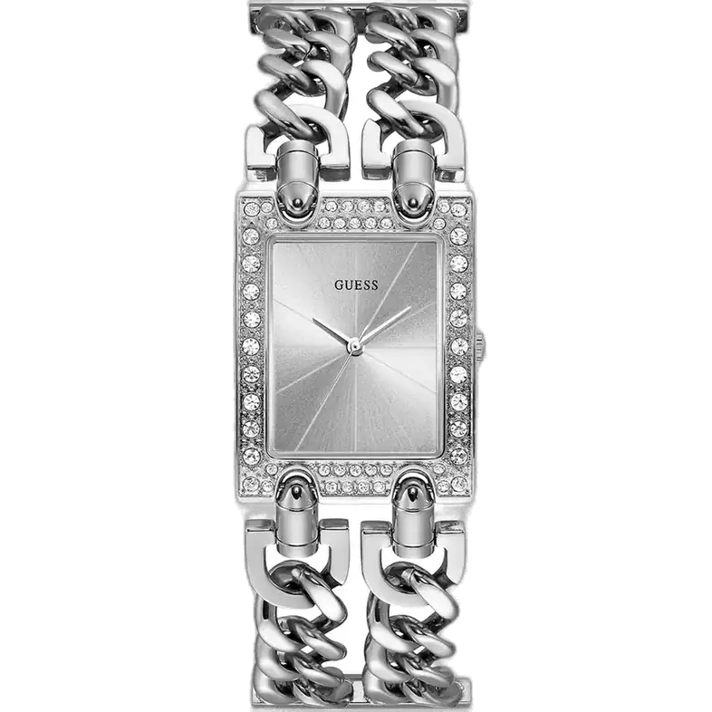 Guess W1121L1 ladies watch, silver metal chain bracelet, small square silver case 28mm, minimalist silver dial.