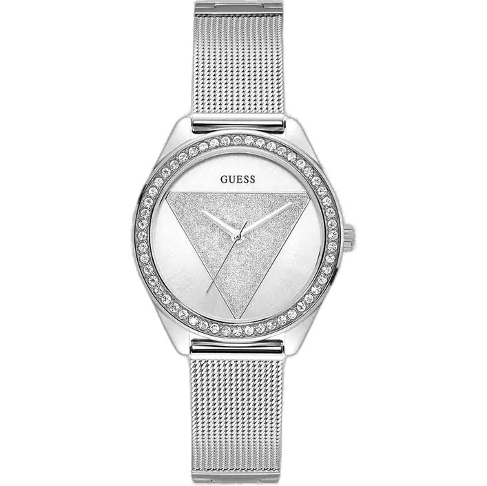 Guess W1142L1 ladies watch, silver-tone 36mm case, crystal bezel, silver sunray dial, Milanese mesh bracelet.