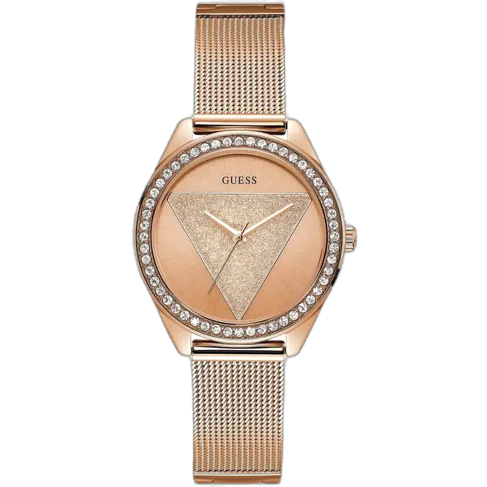 Guess W1142L4 ladies watch, rose gold-tone 36mm case, crystal bezel, rose gold dial, Milanese mesh bracelet.