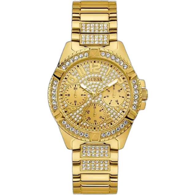Guess W1156L2 ladies watch, gold-tone stainless steel bracelet, 40mm round case, crystal-set bezel, gold multi-function dial.