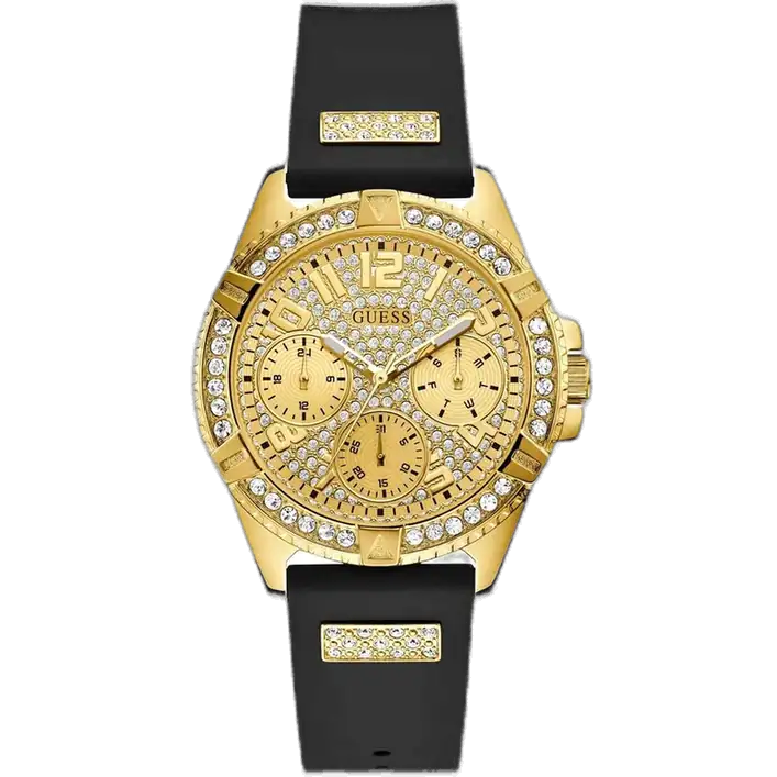 Guess W1160L1 ladies watch, black rubber strap, 40mm round gold-tone case, crystal-set bezel, black multi-function dial.