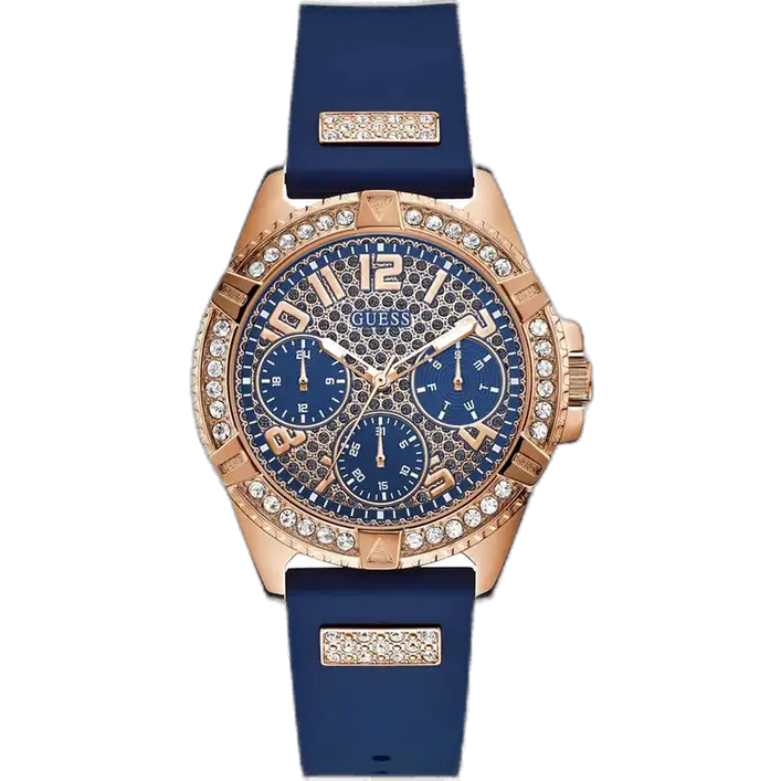 ساعة جيس W1160L3 نسائية، سوار مطاط أزرق، علبة دائرية 40 ملم مطلية بالذهبي الوردي، إطار مرصع بالكريستال، مينا أزرق متعدد الوظائف.