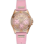 Guess W1160L5 ladies watch, pink rubber strap, 40mm round rose gold-tone case, crystal-set bezel, pink multi-function dial.