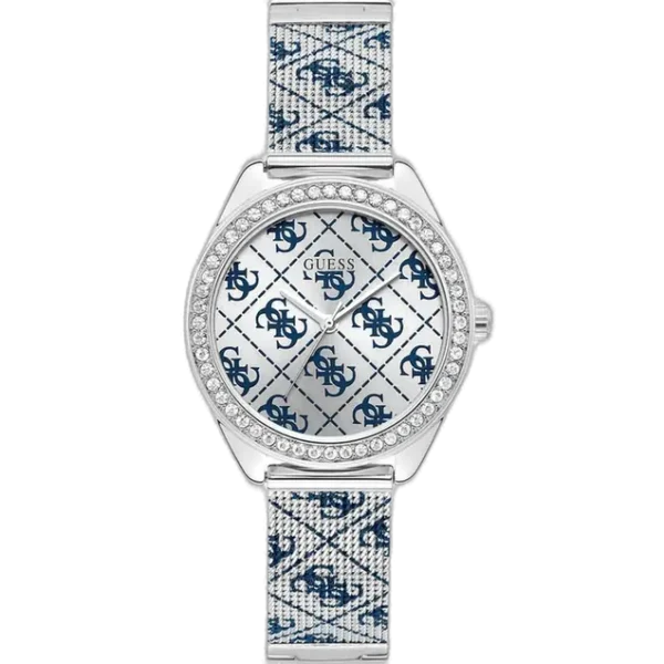 Guess W1279L1 women's watch, silver stainless steel bracelet and case, 36.5mm round, crystal-set bezel, silver dial with Guess logo pattern.