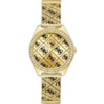 Guess W1279L2 women's watch, gold stainless steel bracelet and case, 36.5mm round, crystal-set bezel, gold dial with Guess logo pattern.