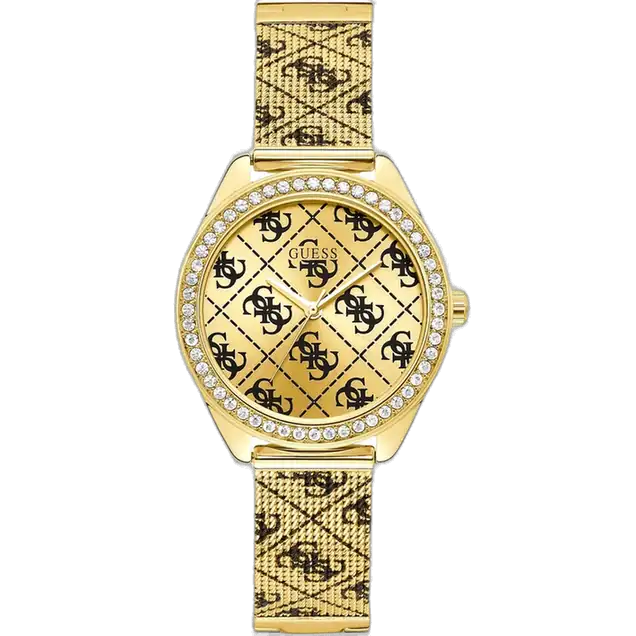 Guess W1279L2 women's watch, gold stainless steel bracelet and case, 36.5mm round, crystal-set bezel, gold dial with Guess logo pattern.