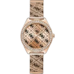 Guess W1279L3 women's watch, rose gold stainless steel bracelet and case, 36.5mm round, crystal-set bezel, rose gold dial with Guess logo pattern.