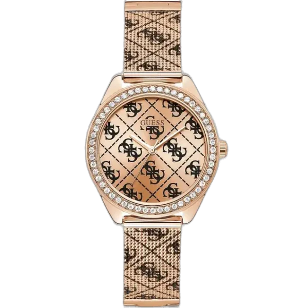 Guess W1279L3 women's watch, rose gold stainless steel bracelet and case, 36.5mm round, crystal-set bezel, rose gold dial with Guess logo pattern.