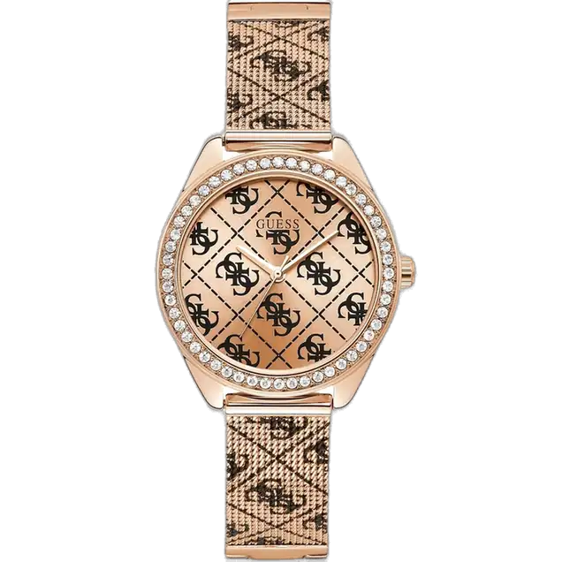 ساعة جيس للنساء W1279L31 (1)_nobg Guess W1279L3 women's watch, rose gold stainless steel bracelet and case, 36.5mm round, crystal-set bezel, rose gold dial with Guess logo pattern.