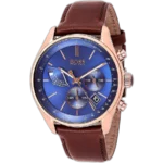 Hugo Boss Grand Prix 1513604 men's chronograph watch with a blue sunburst dial and brown leather strap.