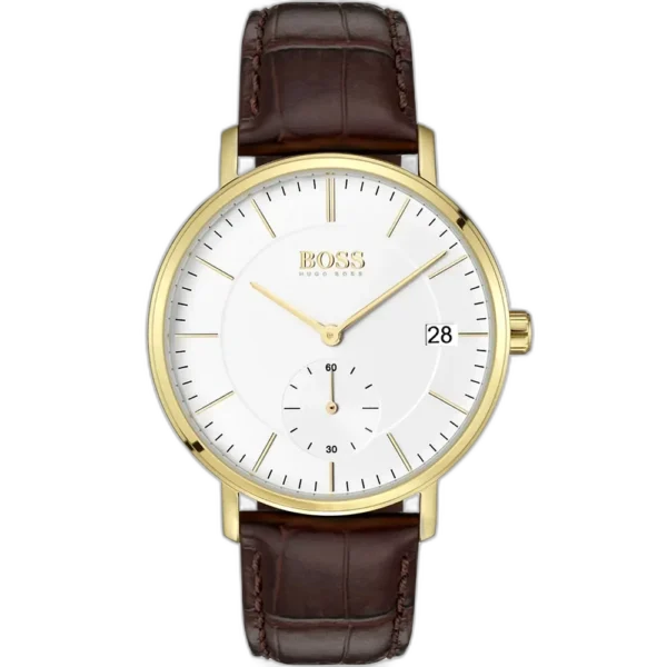 Hugo Boss Corporal 1513640 men's watch with a white dial and brown leather strap.