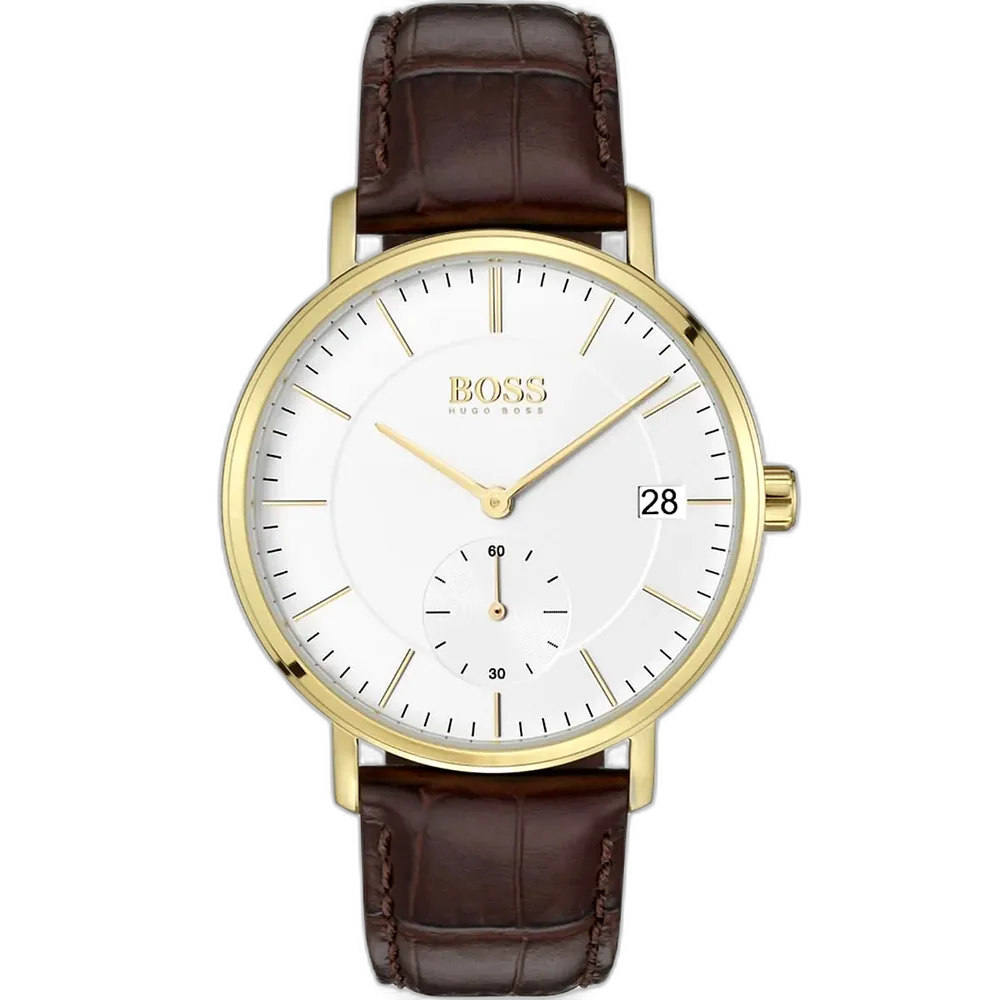 Hugo Boss Corporal 1513640 men's watch with a white dial and brown leather strap.
