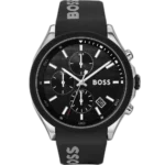 Hugo Boss Velocity 1513716 men's chronograph watch with a black sunburst dial and black silicone strap.