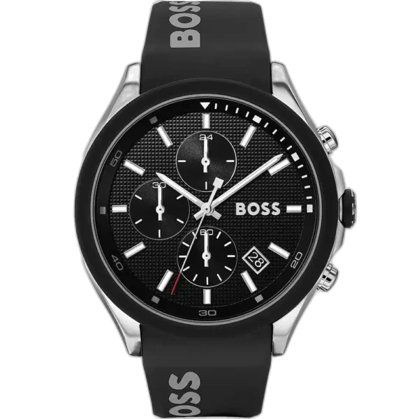 Hugo Boss Velocity 1513716 men's chronograph watch with a black sunburst dial and black silicone strap.