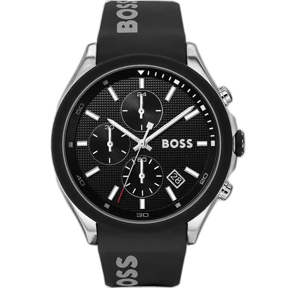 ساعة هوجو بوس فيلوسيتي 1513716 رجالية كرونوغراف، بمينا أسود إشعاع شمسي وسوار سيليكون أسود.