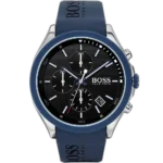 Hugo Boss Velocity 1513717 men's chronograph watch with a black sunburst dial and blue silicone strap.