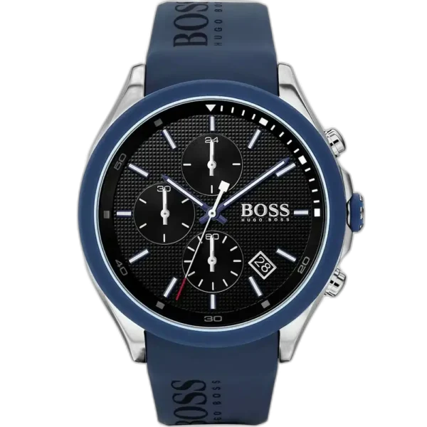 Hugo Boss Velocity 1513717 men's chronograph watch with a black sunburst dial and blue silicone strap.