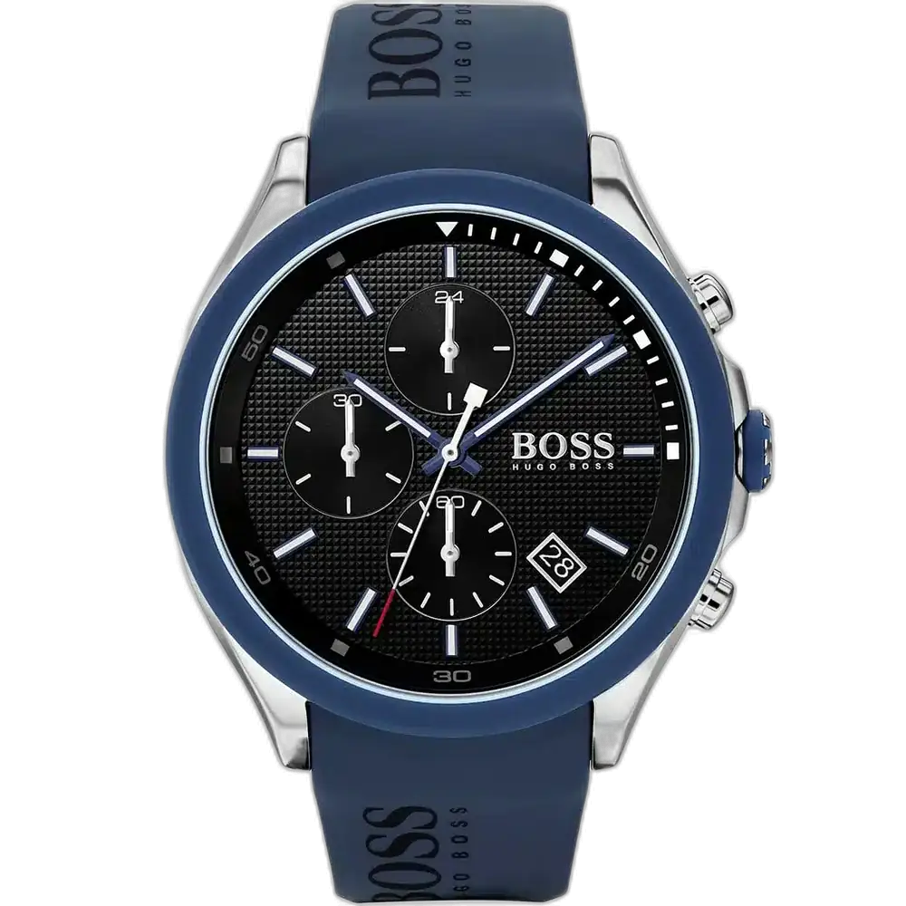 ساعة هوجو بوس فيلوسيتي 1513717 رجالية كرونوغراف، بمينا أسود إشعاع شمسي وسوار سيليكون أزرق.