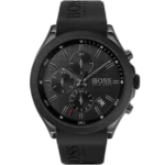 Hugo Boss Velocity 1513720 men's chronograph watch with a bold black sunburst dial, luminous silver hands and markers, three sub-dials, tachymeter bezel, date window at 4:30, and durable black silicone strap with stainless steel pin buckle.