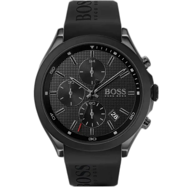Hugo Boss Velocity 1513720 men's chronograph watch with a bold black sunburst dial, luminous silver hands and markers, three sub-dials, tachymeter bezel, date window at 4:30, and durable black silicone strap with stainless steel pin buckle.