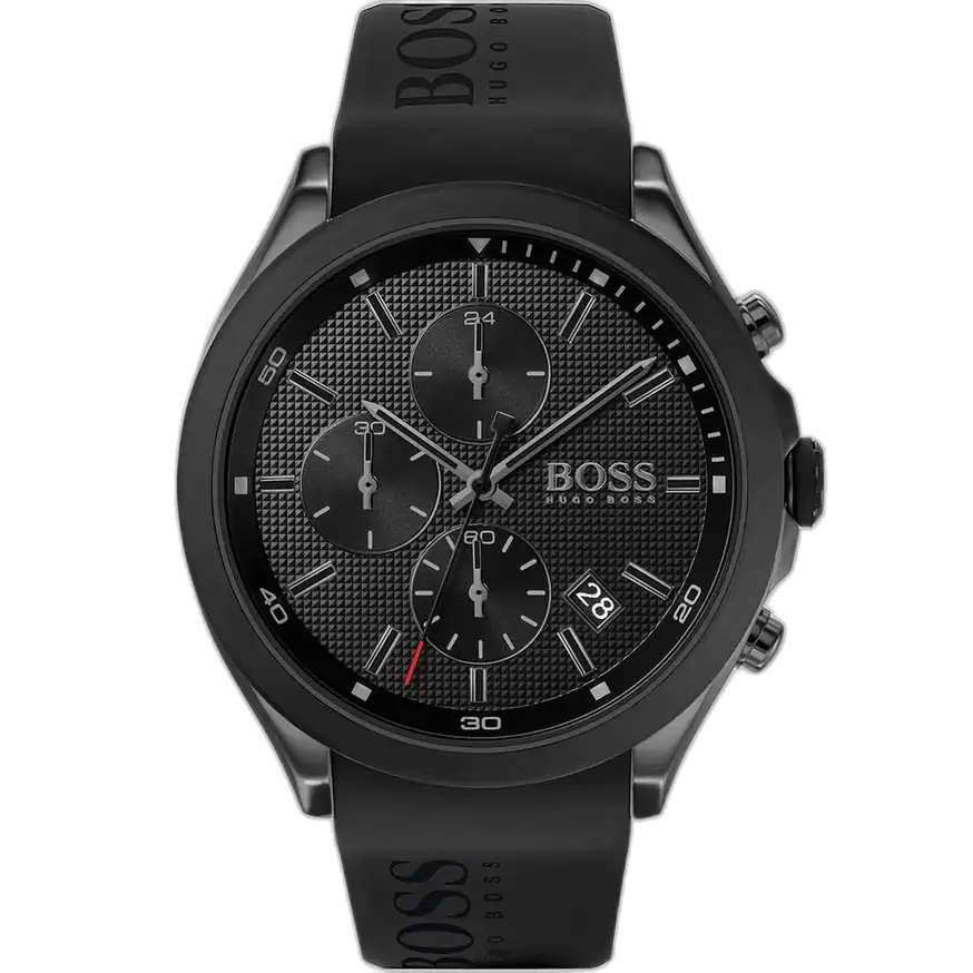 ساعة هوجو بوس فيلوسيتي 1513720 رجالية كرونوغراف، بمينا أسود إشعاع شمسي وعقارب ومؤشرات فضية مضيئة، ثلاثة عدادات فرعية، إطار تاخيميتر، نافذة تاريخ عند 4:30، وسوار سيليكون أسود متين مع إبزيم دبوس من الستانلس ستيل.