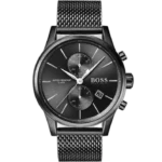 Hugo Boss Jet 1513769 men's chronograph watch with a sleek black sunburst dial, luminous silver hands and markers, three sub-dials, tachymeter bezel, date window at 4:30, and sophisticated black stainless steel bracelet with push-button deployment clasp.